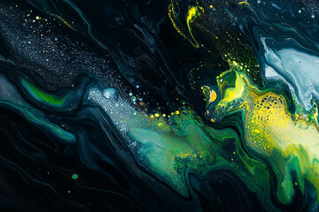 Poster - Abstract Fluid Art with Dark Green and Yellow Marbled Texture