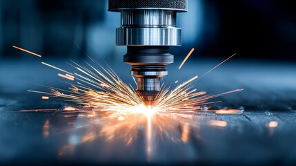 Poster - precision laser cutting technology - close-up of a laser cutting machine in action, sparks flying fr