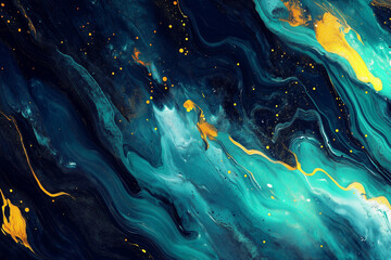 Poster - Abstract Fluid Art Painting with Gold Accents in Teal and Navy