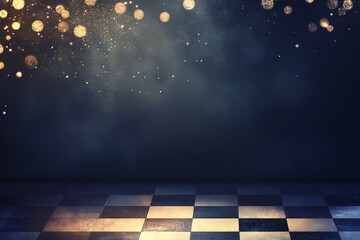 Wall Mural - a de-focused background composed of abstract glitter lights in gold, blue, and black hues