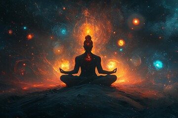 Wall Mural - the universe and cosmos serve as a meditation background, incorporating chakras, prana, the mind of 