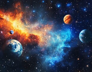 a high-resolution photograph featuring an abstract space background with a galaxy and nebula, showca