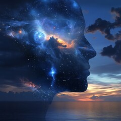 Wall Mural - a person's profile is depicted with a universe and a swirling galaxy inside their head, symbolizing 