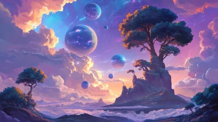 Wall Mural - a futuristic and surreal space setting features a purple planet surrounded by stars and space