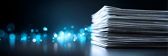 Poster - Stack of Documents on Dark Background - A high stack of papers sits on a dark surface with a blurred blue light bokeh background