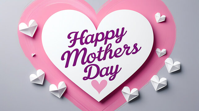 Heart Shaped Mother's Day Illustration Pink and Purple Cursive Text with 3D Paper Hearts on Soft Brush Background