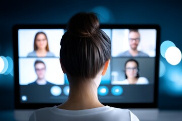 Poster - Virtual Team Meeting Collaboration - Woman in a virtual meeting with colleagues displayed on a computer screen. Remote teamwork concept