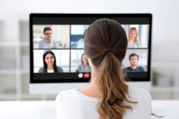 Poster - Woman in Virtual Meeting - A woman sits facing a computer screen, participating in a video conference with multiple colleagues