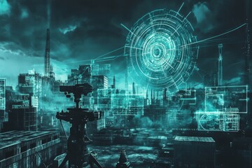 Poster - Futuristic city skyline with digital overlays showcasing advanced technology and data
