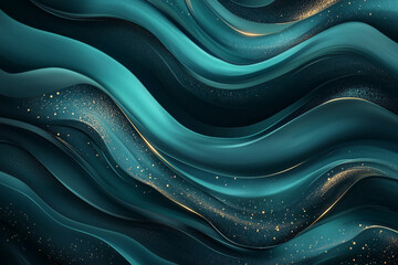 Poster - Abstract Teal Waves with Gold Glitter Background for Design Projects