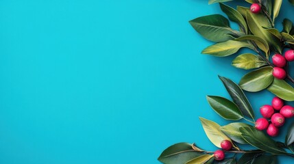 Wall Mural - Fresh greenery and vibrant berries border a turquoise background