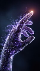 Fototapete - A fingertip connects with a vibrant digital interface representing data flow and advanced technology in a purple ambiance