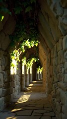 Poster - Enchanted Green Corridor with Sunlight and Stone Walls