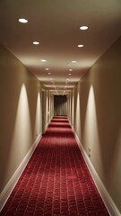 Poster - Mysterious Hotel Corridor with Elegant Red Carpet and Soft Lighting
