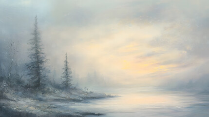 Wall Mural - Misty Serenity of a Morning Landscape: A serene and misty dawn landscape, featuring a subtle color palette of blues and golds, evokes a sense of calm and wonder.