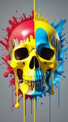 Poster -  abstract human skull gradually revealed through dynamic, colorful paint splashes,