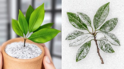 Wall Mural - Holding tiny seedling, bright leaves, indoor window background; frost covered branch on clean surface