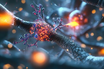 Poster - Close-up view of a neuron in a colorful neural network illustrating brain activity