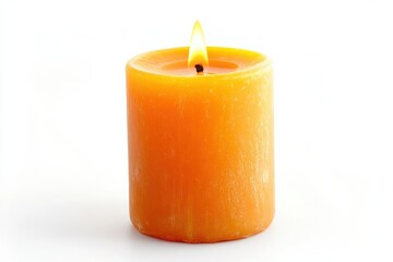 Wall Mural - A lit orange pillar candle isolated on white background