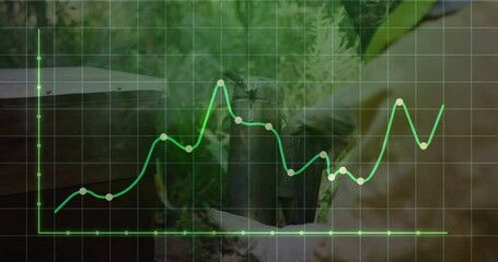 Poster - Green line graph animation over person working with equipment in forest