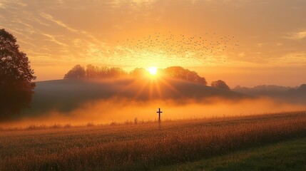 Wall Mural - sunrise over countryside with silhouetted cross, fog covers meadows, birds in flight, quiet hilltop 