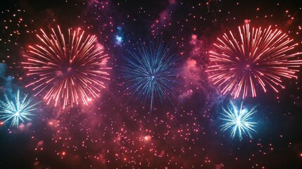 Poster - Vibrant fireworks display at night with red, pink, and blue bursts against a dark sky.