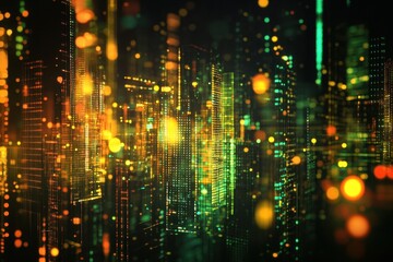 Poster - Vibrant cityscape illuminated with digital lights and patterns at night