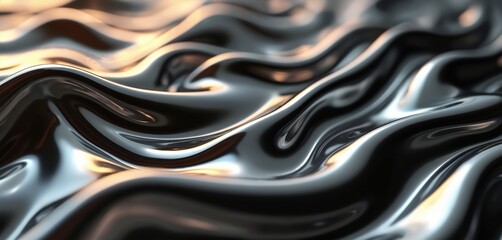 Poster - Abstract background of liquid metal texture. Glossy silver chrome surface, dynamic wave pattern, modern design. Shiny flowing fluid texture creates futuristic vibe. Ideal for tech, design,