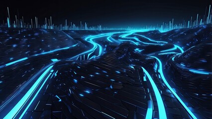 A futuristic, curving digital road composed of glowing blue binary code on a dark background