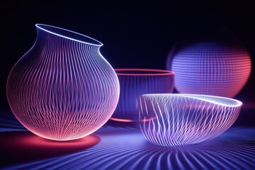 Poster - Colorful glowing vases create an artistic display in a darkened environment