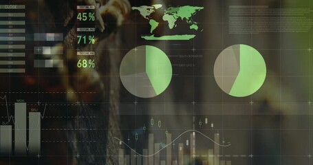 Poster - Using animation, green pie charts overlay world map on blurred background