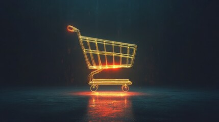 Poster - Glowing golden shopping cart icon on dark background.