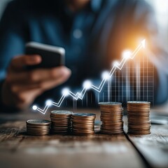Poster - Businessman engages with smartphone while stacked coins and growth graph signify digital marketing and financial progress on a wooden table