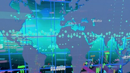 Poster - Animation showing world map with data points over digital grid background