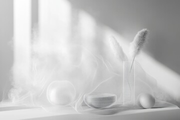 Poster - Soft white decor with pampas grass and round objects in a serene indoor environment