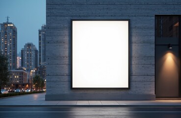 Aufkleber - Blank white billboard on brick wall modern building at night. Cityscape backdrop, backlights, copy space for advertising poster or marketing. Empty advertising space at street.
