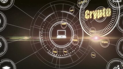 Poster - Crypto text and computer icon in circular design with futuristic animation