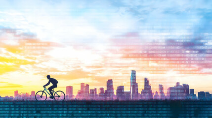 Silhouette Cyclist Sunset Cityscape Digital Background