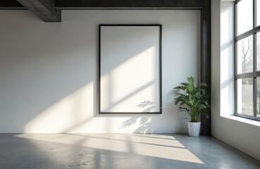 Poster - Modern interior with white poster mockup. Black frame on white wall. Apartment design, empty space. Sunlight, window, plants create minimalist aesthetic. Loft style home decor.