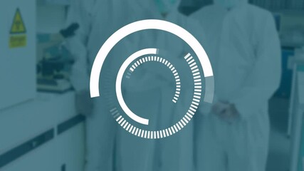 Poster - In laboratory, scientists in protective suits analyzing data with circular animation