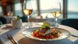 © miss irine - Gourmet meal served with wine on cruise ship. Elegant dining with sea view. Fresh dish presentation. Luxury vacation, fine cuisine. Delicious dinner, culinary art.