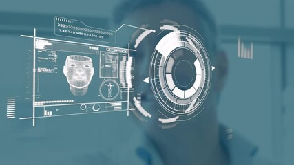 Poster - Animation of futuristic facial recognition technology overlaying on blurred background
