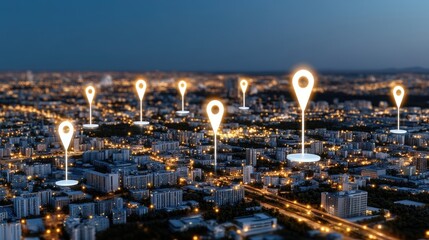 Poster - GPS markers hover in the night sky over a bustling cityscape, highlighting vibrant lights and an urban environment