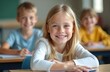 © miss irine - Happy elementary school students in classroom. Little girl smiles looking at camera. School children learning lesson, studying, growth, education. Future opportunity.