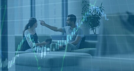 Poster - Animation of financial data charts overlaying diverse people discussing in office
