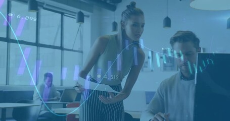 Poster - Financial data processing animation over colleagues collaborating in modern office
