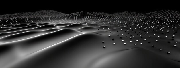 Fototapete - Abstract representation of a futuristic network with glowing lines and a shiny silver mesh surface in a dark digital expanse