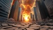 © Sergey - A dramatic apocalyptic scene with a fiery sky, crumbling skyscrapers, and a massive earthquake splitting the city