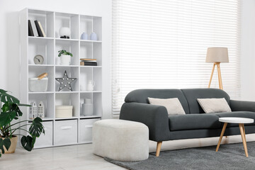 Poster - stylish living room with shelving unit, sofa, pouf and green houseplants