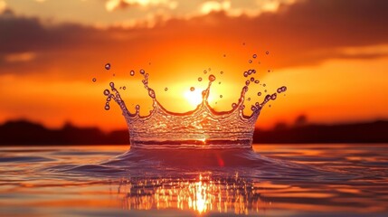 Wall Mural - water crown splash at sunset, reflecting sun.
